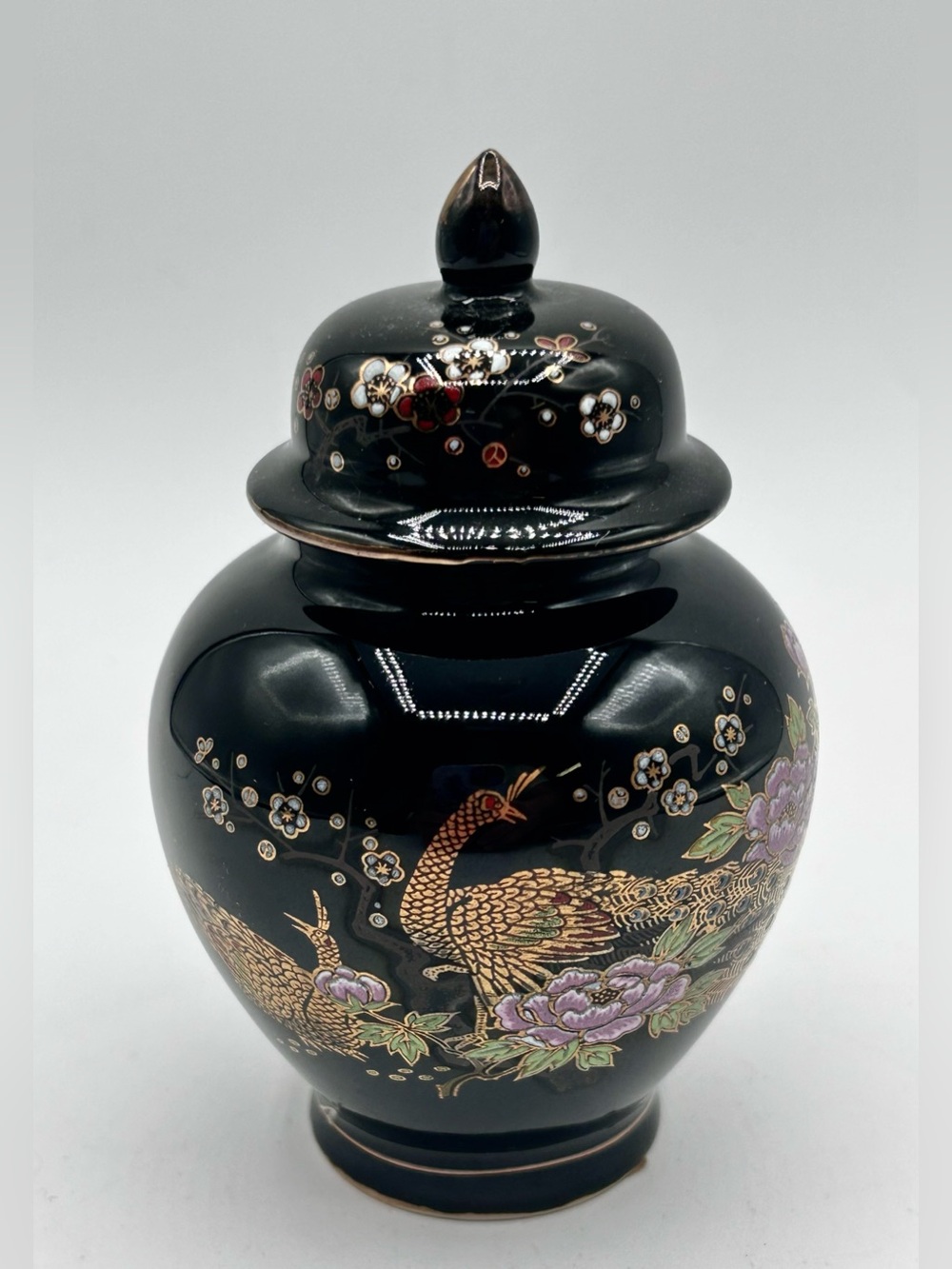 Japanese Lidded Ceramic Ginger Jar Black Gold Peacock 4.5"